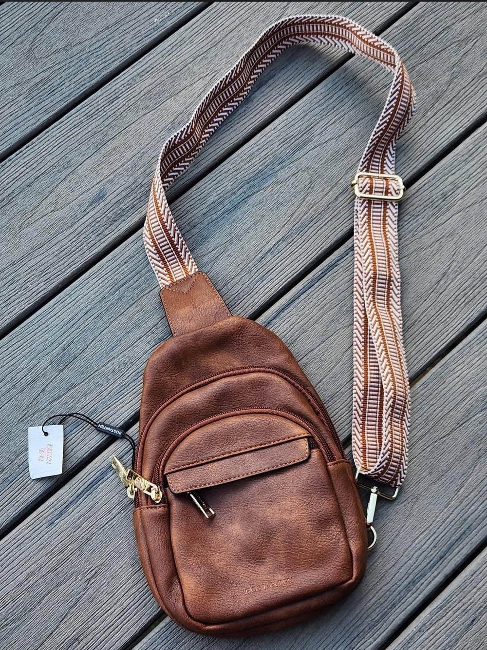 Brown Vegan Faux Leather Crossbody Sling Bag with Patterned Strap